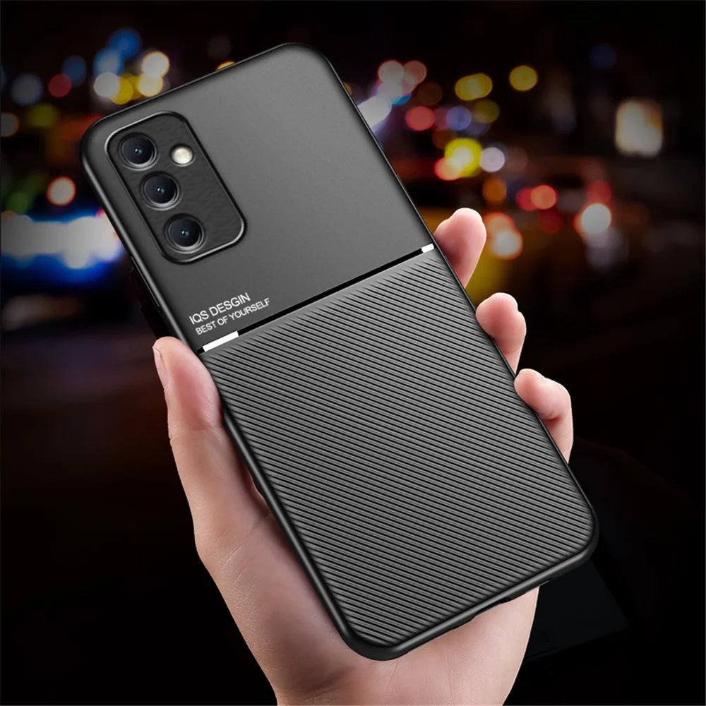 For Samsung Galaxy M14 5G Phone Case Lines Imprinted Leather+TPU Cover Support Magnetic Car Mount - Black - 4