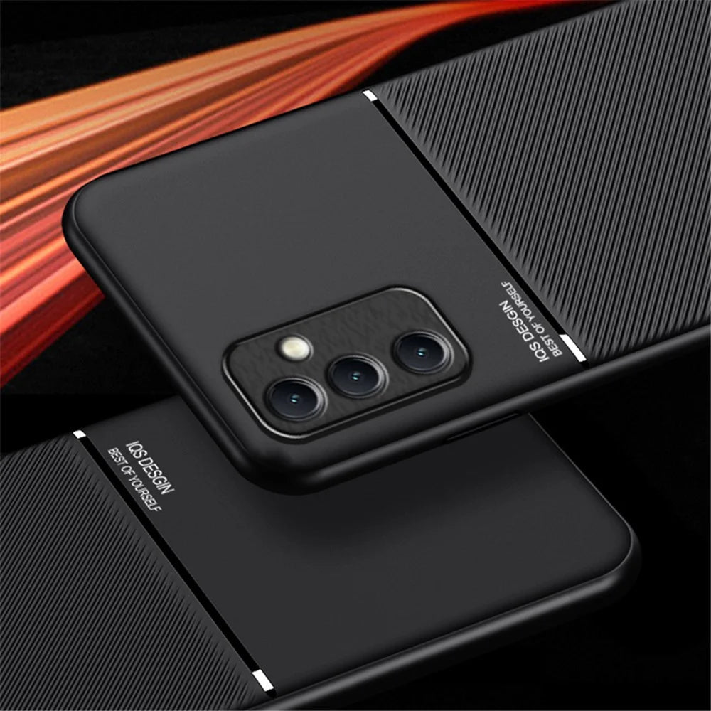 For Samsung Galaxy M14 5G Phone Case Lines Imprinted Leather+TPU Cover Support Magnetic Car Mount - Black - 5