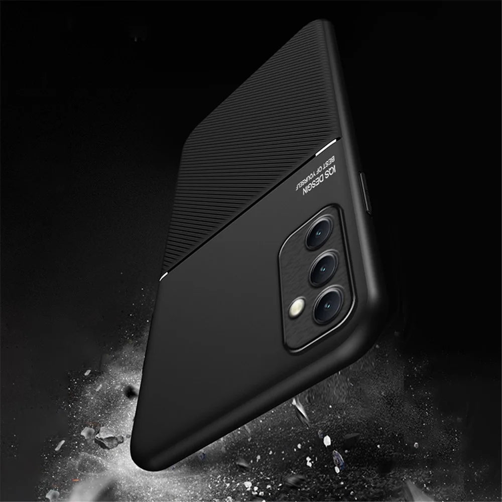 For Samsung Galaxy M14 5G Phone Case Lines Imprinted Leather+TPU Cover Support Magnetic Car Mount - Black - 6