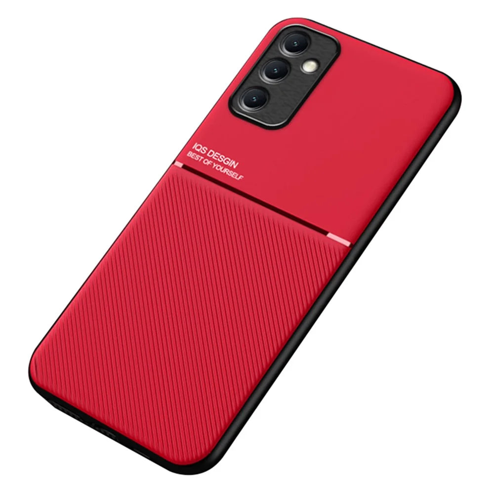 For Samsung Galaxy A24 4G (162.1 x 77.6 x 8.3mm) PU Leather+TPU Phone Case Lines Imprinted Cover with Built-in Magnetic Holder Metal Sheet - Red - 1