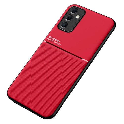 For Samsung Galaxy A24 4G (162.1 x 77.6 x 8.3mm) PU Leather+TPU Phone Case Lines Imprinted Cover with Built-in Magnetic Holder Metal Sheet - Red - 1
