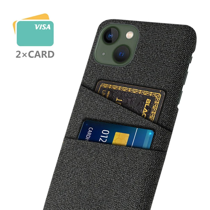 Slim Phone Case for iPhone 15 Plus Hard PC + Cloth Anti-Drop Phone Cover with Dual Card Holder - Black - 2
