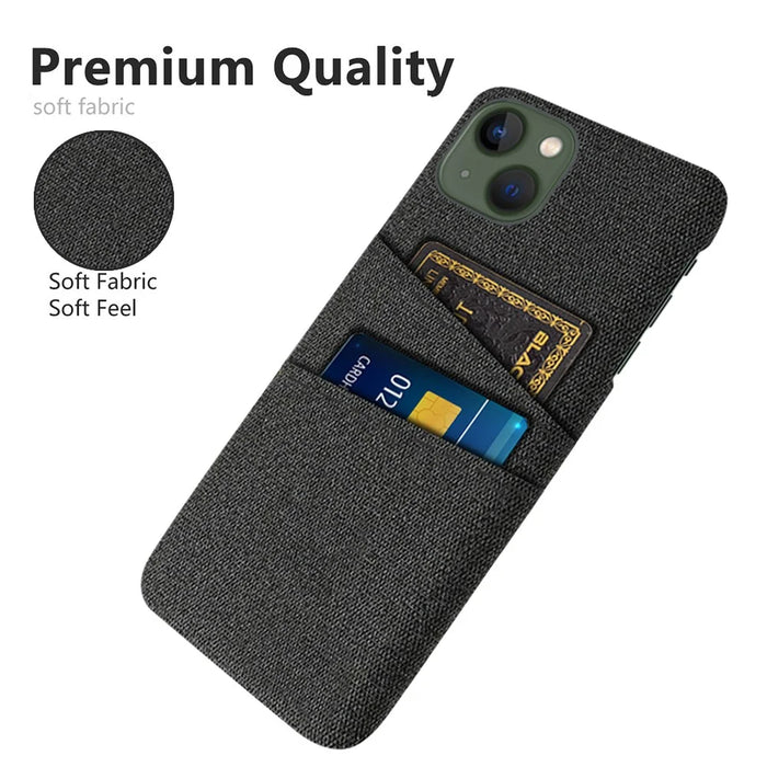 Slim Phone Case for iPhone 15 Plus Hard PC + Cloth Anti-Drop Phone Cover with Dual Card Holder - Black - 3