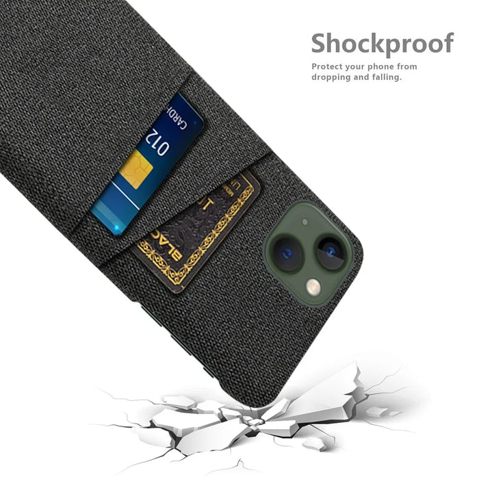 Slim Phone Case for iPhone 15 Plus Hard PC + Cloth Anti-Drop Phone Cover with Dual Card Holder - Black - 4
