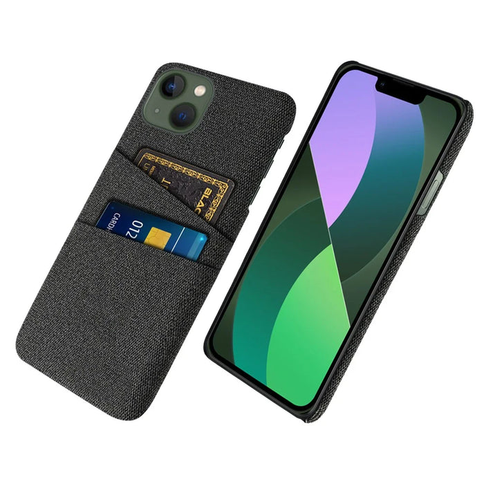 Hard PC + Cloth Phone Case for iPhone 15 Shockproof Dual Card Holder Phone Cover - Black - 1