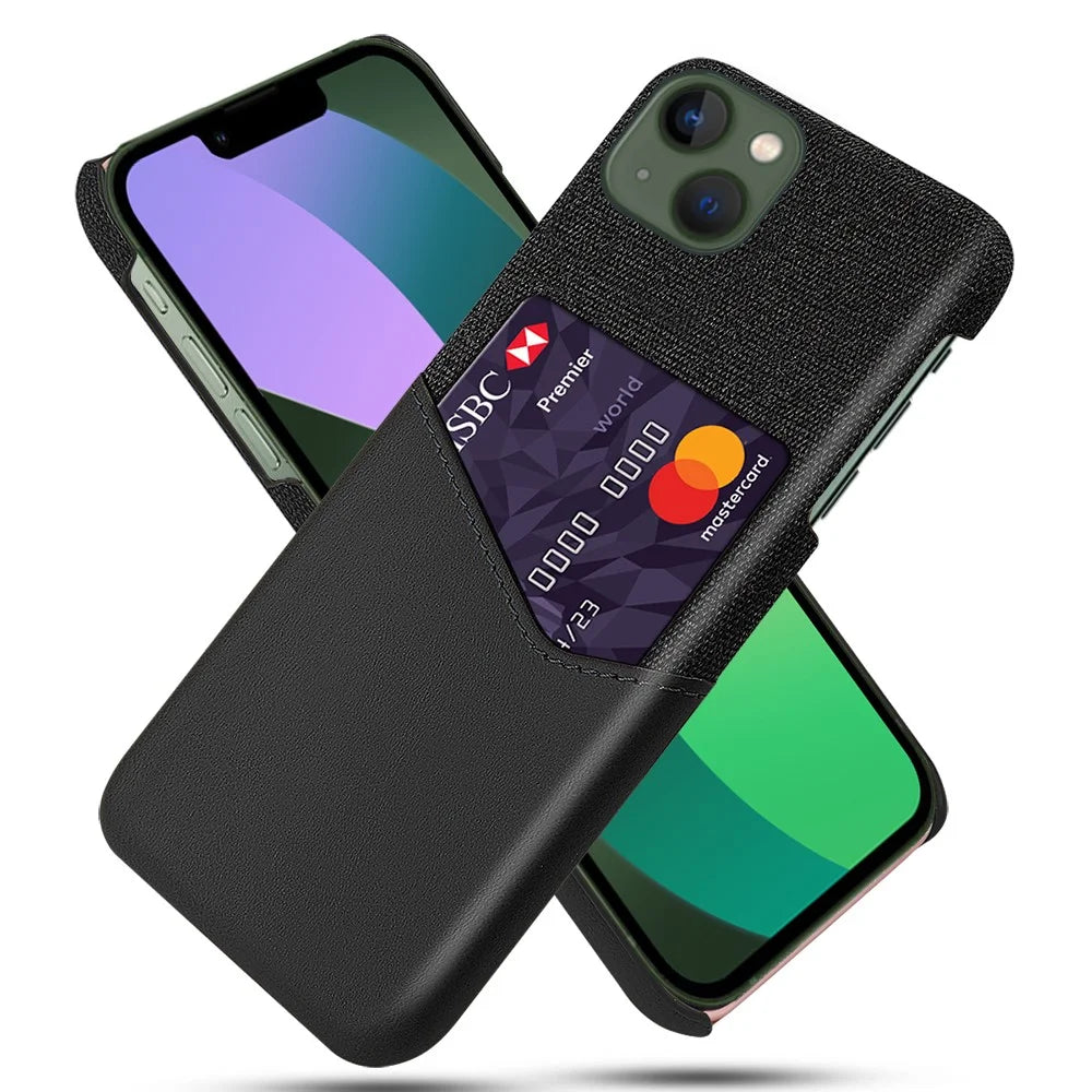 Card Holder Protective Phone Case for iPhone 15 Cloth Texture PU Leather Coated PC Cover - Black - 1