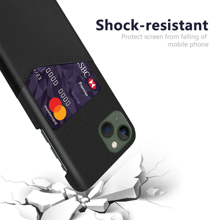 Card Holder Protective Phone Case for iPhone 15 Cloth Texture PU Leather Coated PC Cover - Black - 3