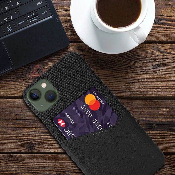 Card Holder Protective Phone Case for iPhone 15 Cloth Texture PU Leather Coated PC Cover - Black - 4