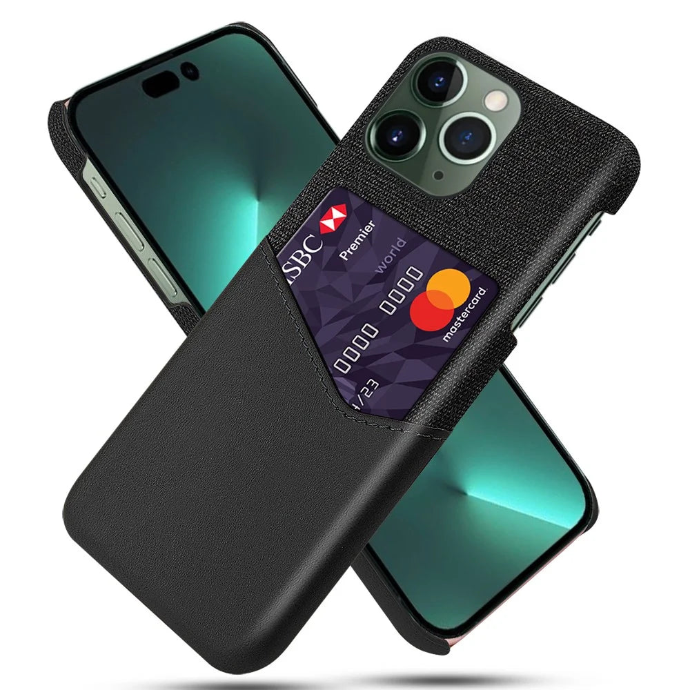 Protective Phone Case for iPhone 15 Pro Cloth Texture PU Leather Coated PC Cover with Card Holder - Black - 1