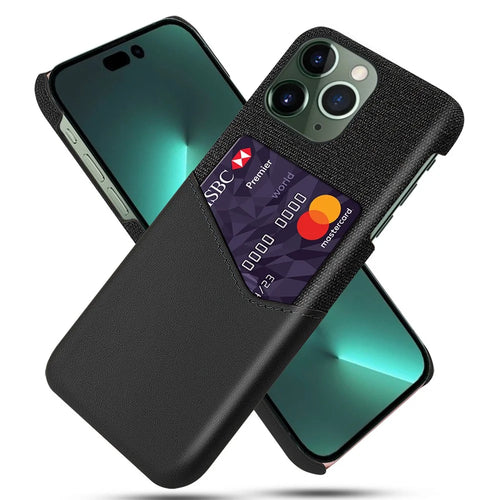 Protective Phone Case for iPhone 15 Pro Cloth Texture PU Leather Coated PC Cover with Card Holder - Black - 1