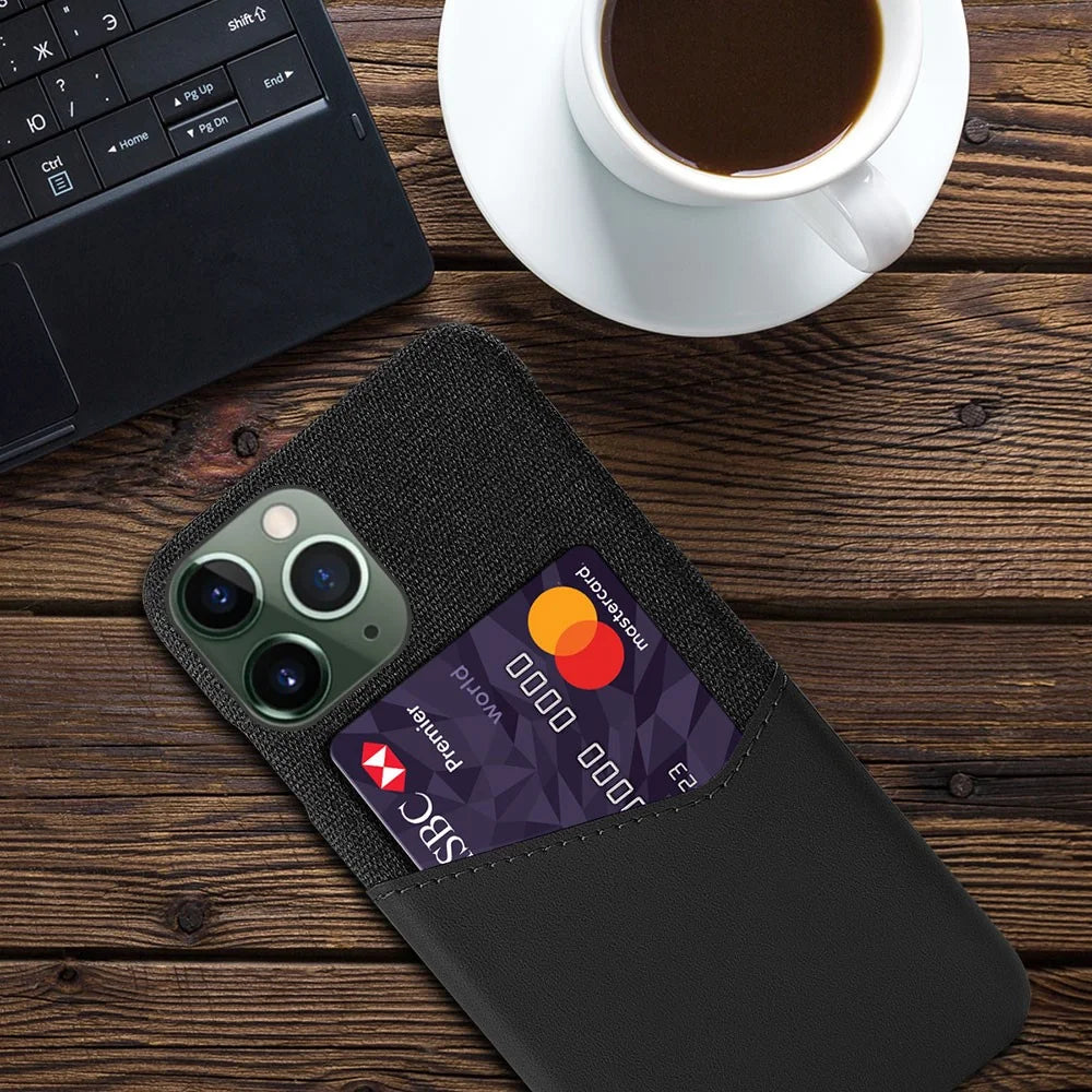 Protective Phone Case for iPhone 15 Pro Cloth Texture PU Leather Coated PC Cover with Card Holder - Black - 4