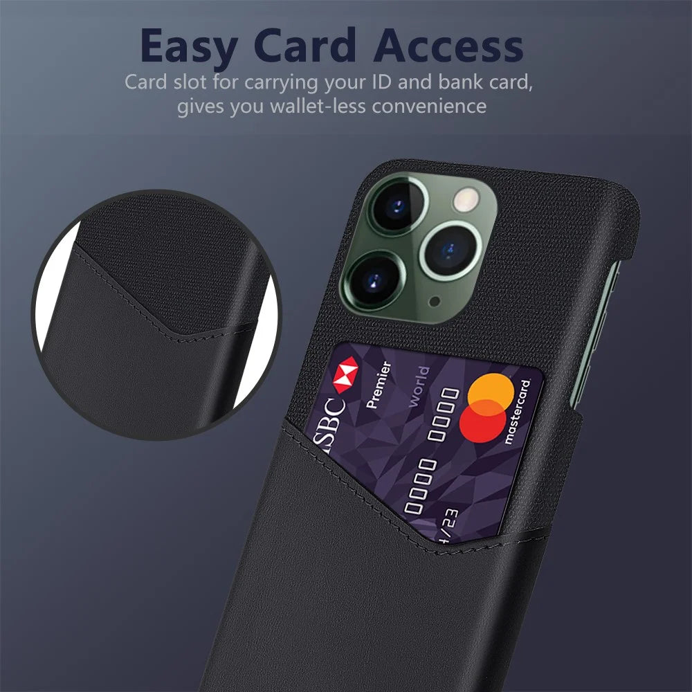 For iPhone 15 Pro Max Shockproof Case Cloth Texture Card Holder PU Leather Coated PC Cover - Black - 2