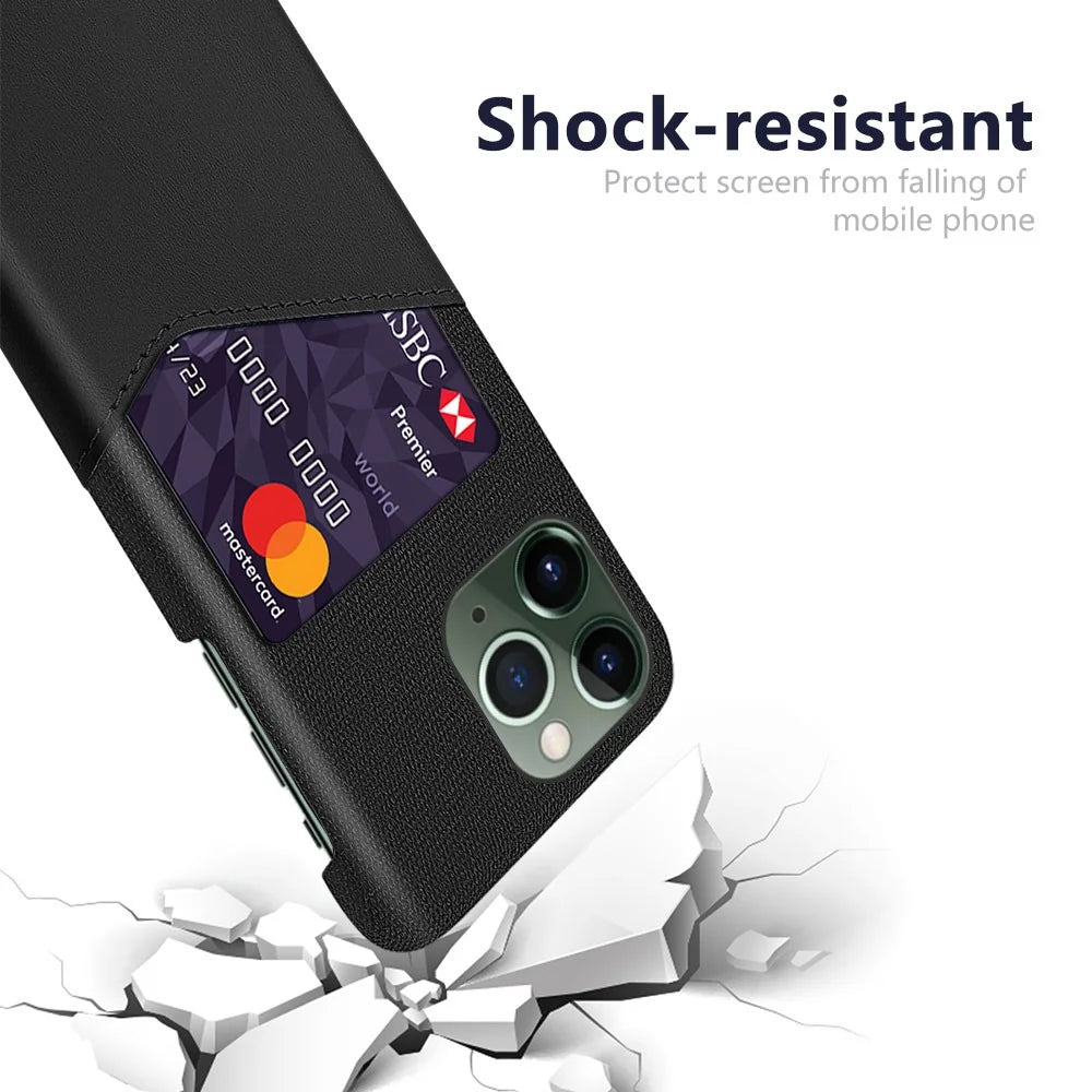 For iPhone 15 Pro Max Shockproof Case Cloth Texture Card Holder PU Leather Coated PC Cover - Black - 3