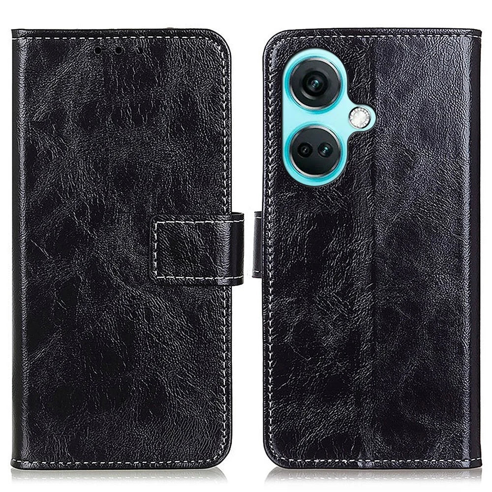 For OnePlus Nord CE3 5G Wallet Leather Phone Case Retro Crazy Horse Texture Stand Phone Cover - Black - 1