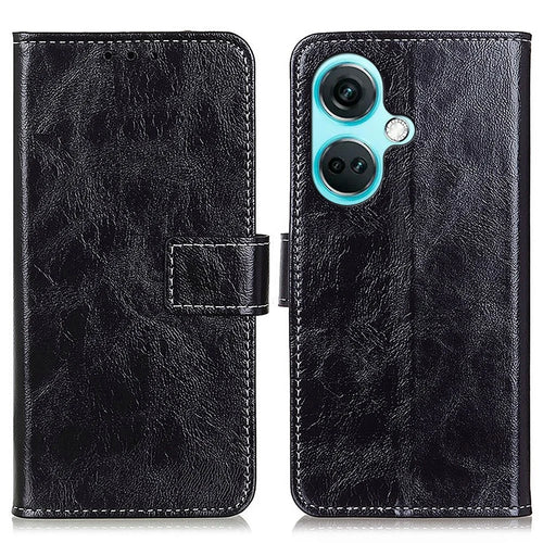 For OnePlus Nord CE3 5G Wallet Leather Phone Case Retro Crazy Horse Texture Stand Phone Cover - Black - 1
