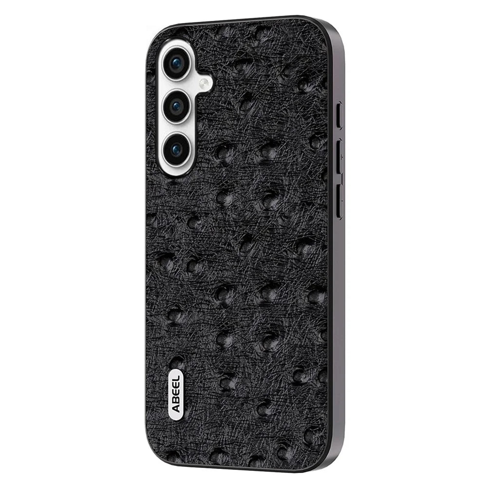 ABEEL For Samsung Galaxy A34 5G Ostrich Texture Case Genuine Cow Leather Coated PC+TPU Phone Cover - Black - 1