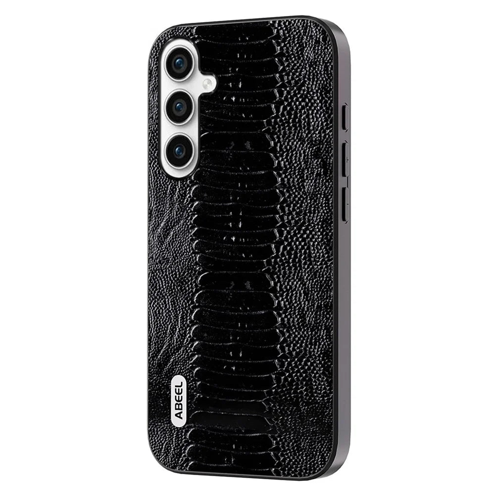ABEEL For Samsung Galaxy A34 5G Phone Case Slim Genuine Cow Leather Coated PC+TPU Crocodile Texture Cover - Black - 1