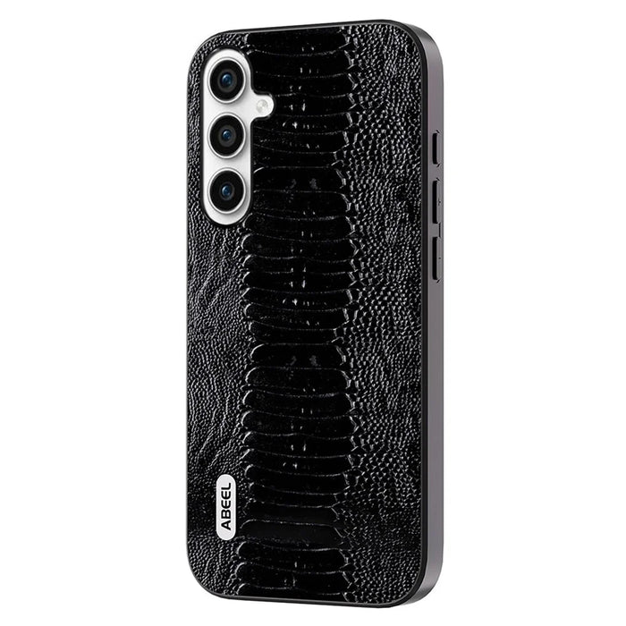 ABEEL For Samsung Galaxy A34 5G Phone Case Slim Genuine Cow Leather Coated PC+TPU Crocodile Texture Cover - Black - 1