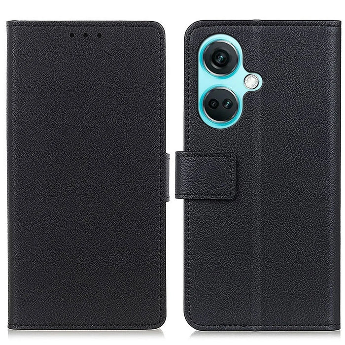 For OnePlus Nord CE3 5G Phone Cover PU Leather Shell Stand Wallet Textured Cell Phone Case - Black - 1