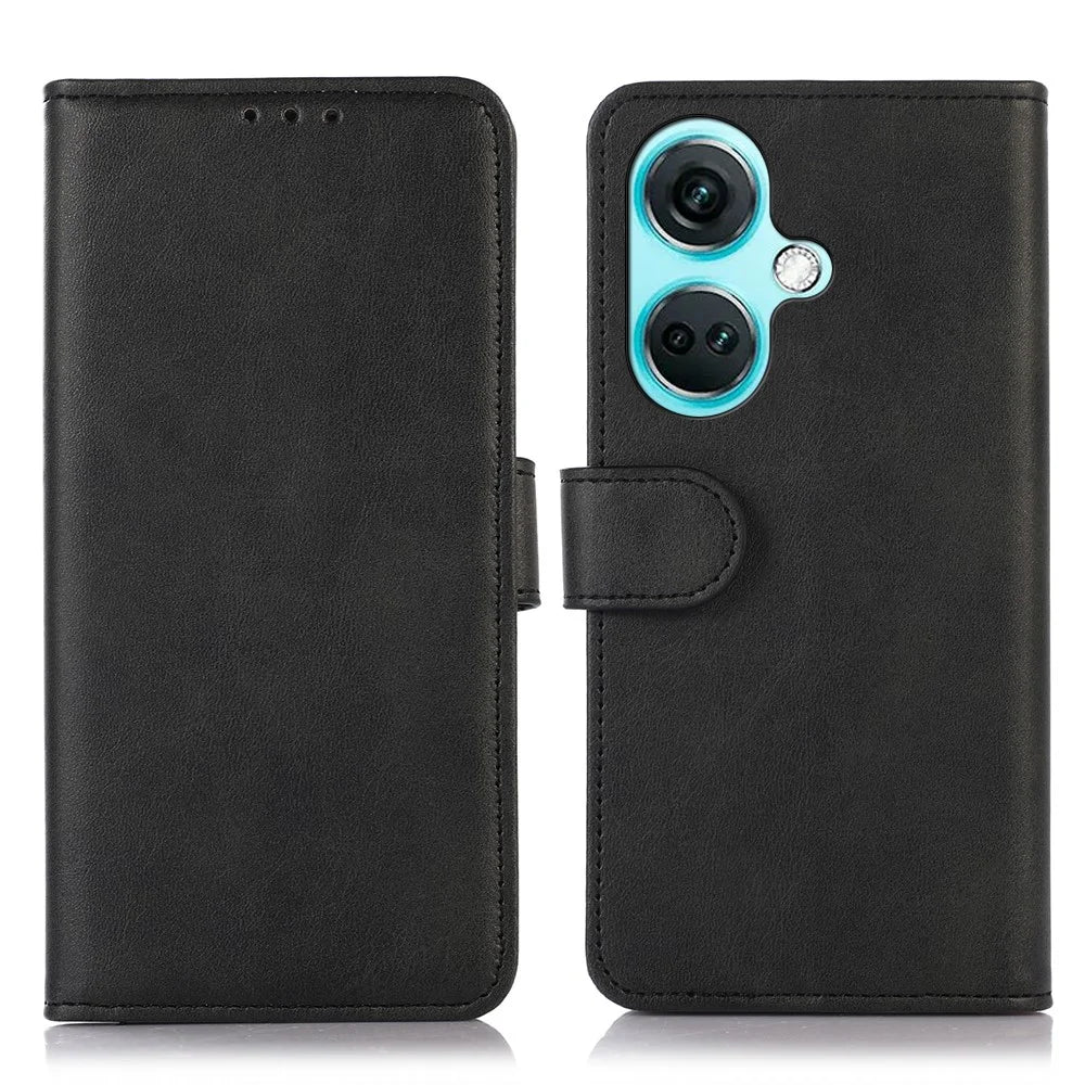 For OnePlus Nord CE3 5G Phone Wallet Case Phone Stand Cowhide Texture PU Leather Cover - Black - 1