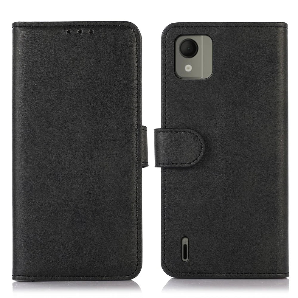 For Nokia C110 Phone Stand Shell Cowhide Texture Phone Wallet Case PU Leather Cover - Black - 1