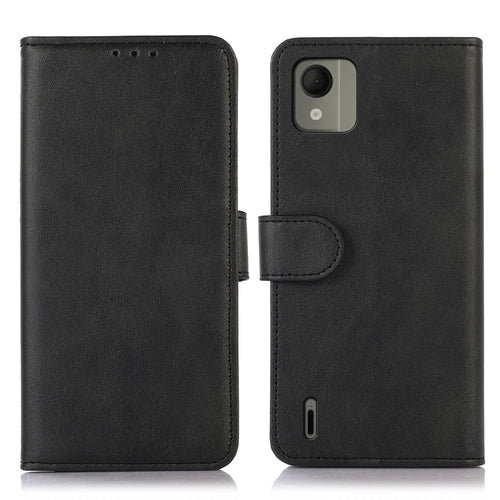 For Nokia C110 Phone Stand Shell Cowhide Texture Phone Wallet Case PU Leather Cover - Black - 1