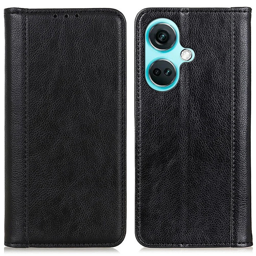 For OnePlus Nord CE3 5G Wallet Case Split Leather Stand Litchi Texture Shockproof Phone Cover - Black - 1