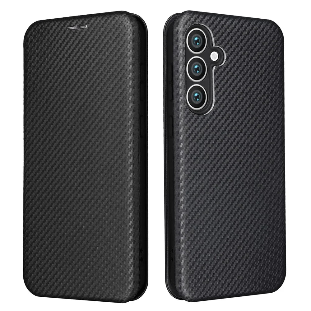 Carbon Fiber Texture Shell for Samsung Galaxy S23 FE , Card Holder Case Phone Leather Stand Cover - Black - 1