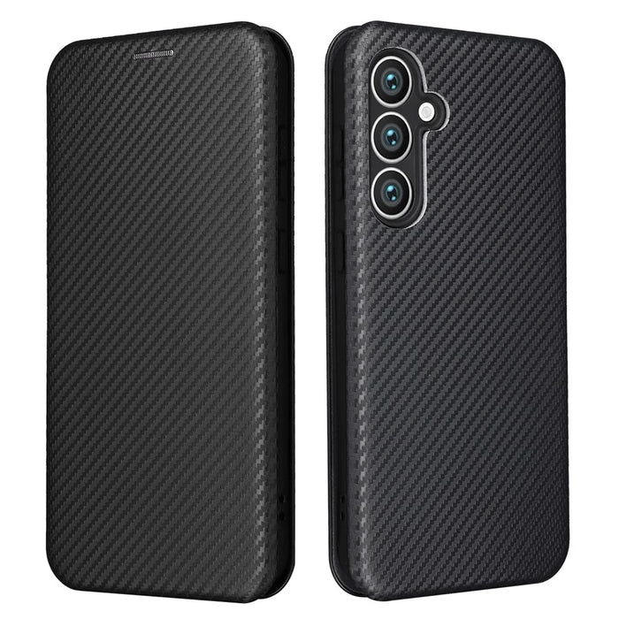 Carbon Fiber Texture Shell for Samsung Galaxy S23 FE , Card Holder Case Phone Leather Stand Cover - Black - 1