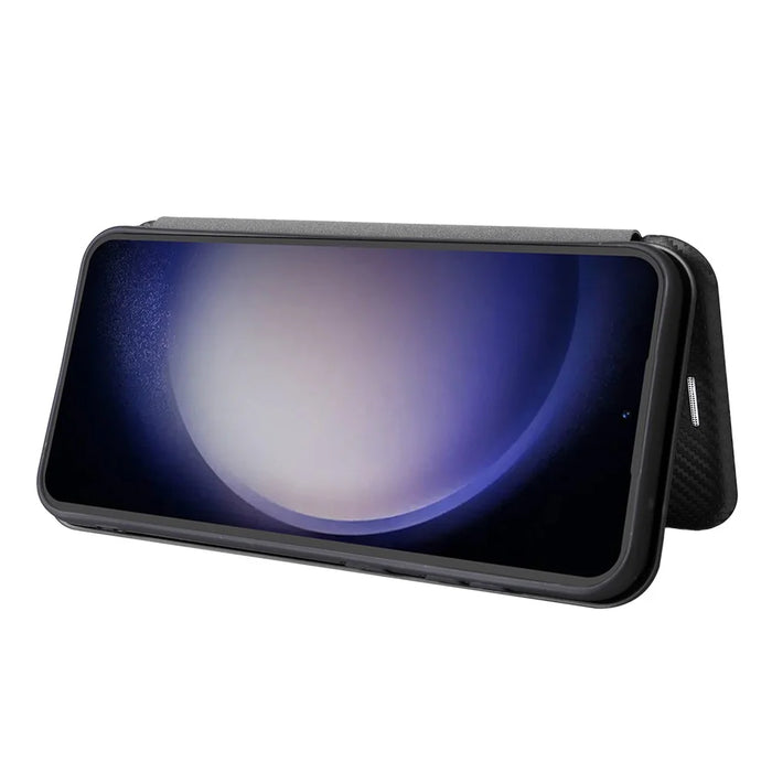 Carbon Fiber Texture Shell for Samsung Galaxy S23 FE , Card Holder Case Phone Leather Stand Cover - Black - 3