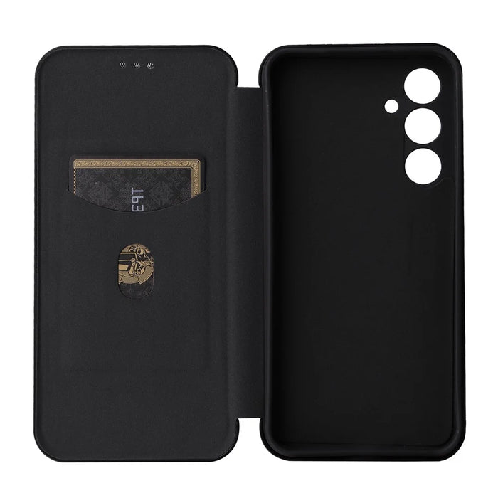 Carbon Fiber Texture Shell for Samsung Galaxy S23 FE , Card Holder Case Phone Leather Stand Cover - Black - 6