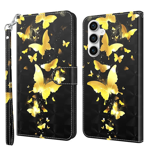 3D Pattern Printing Shell for Samsung Galaxy S23 FE PU Leather Wallet Phone Case Stand Cover with Strap - Golden Butterflies - 1