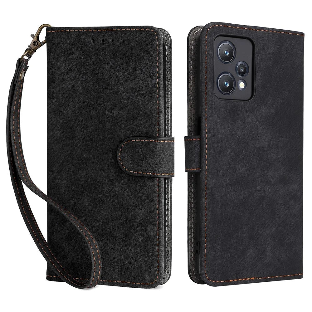 For Realme 9 Pro 5G / 9 5G (EU Version) / V25 / Q5 5G Wallet PU Leather Stand Cover RFID Blocking Shell with Strap - Black - 1