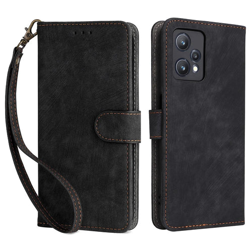 For Realme 9 Pro 5G / 9 5G (EU Version) / V25 / Q5 5G Wallet PU Leather Stand Cover RFID Blocking Shell with Strap - Black - 1