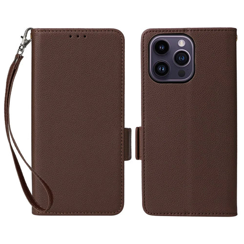 For iPhone 15 Plus Litchi Texture PU Leather Wallet Case Drop Protection Stand Phone Cover with Strap - Brown - 1