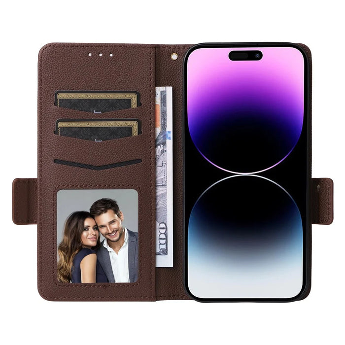 For iPhone 15 Plus Litchi Texture PU Leather Wallet Case Drop Protection Stand Phone Cover with Strap - Brown - 2