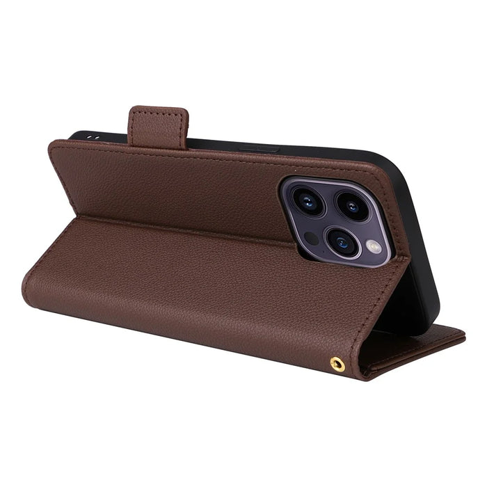 For iPhone 15 Plus Litchi Texture PU Leather Wallet Case Drop Protection Stand Phone Cover with Strap - Brown - 4