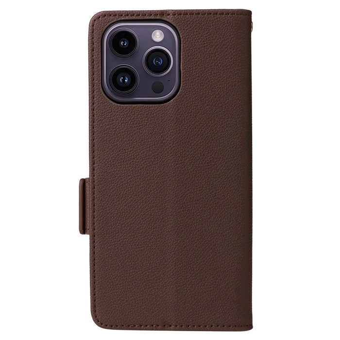 For iPhone 15 Plus Litchi Texture PU Leather Wallet Case Drop Protection Stand Phone Cover with Strap - Brown - 6