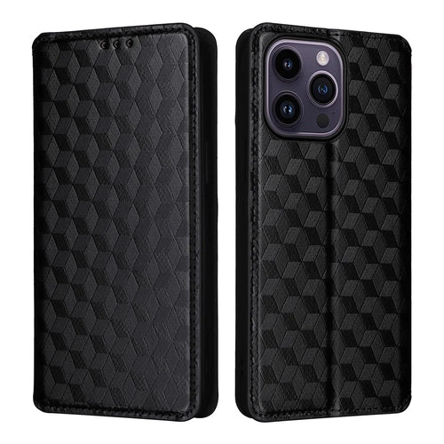 Full Protection Phone Shell for iPhone 15 PU Leather Rhombus Imprinted Wallet Stand Cover - Black - 1