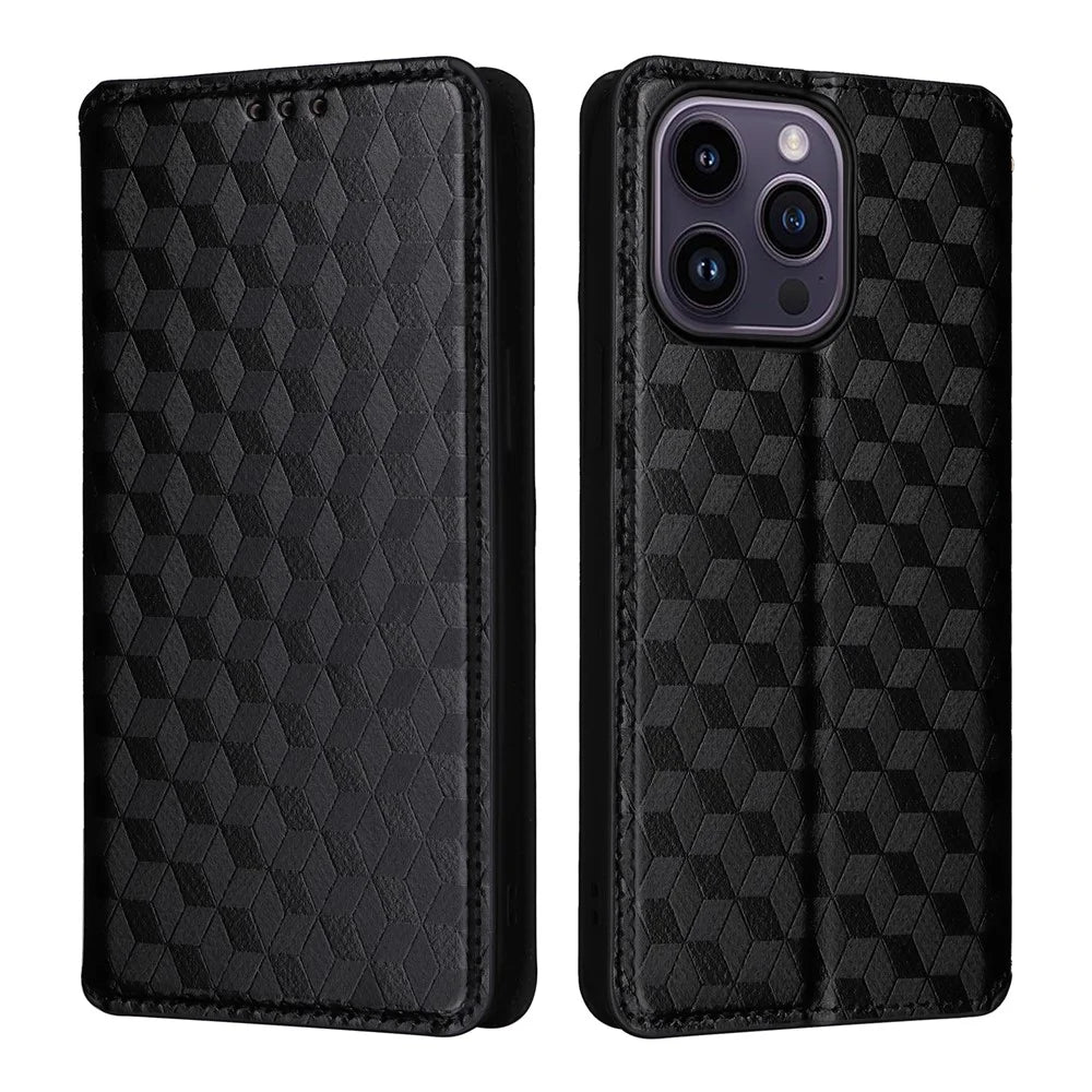 Full Protection Phone Shell for iPhone 15 PU Leather Rhombus Imprinted Wallet Stand Cover - Black - 1