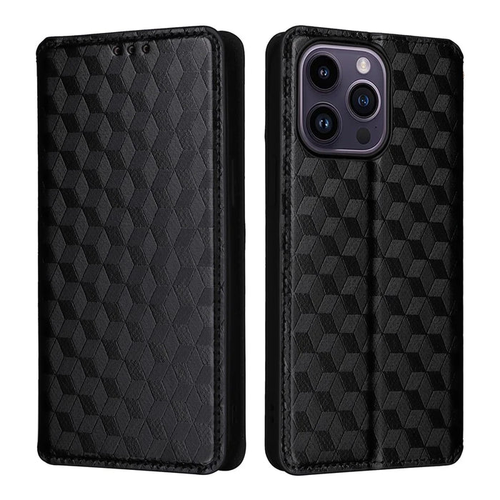 Full Protection Phone Shell for iPhone 15 PU Leather Rhombus Imprinted Wallet Stand Cover - Black - 1