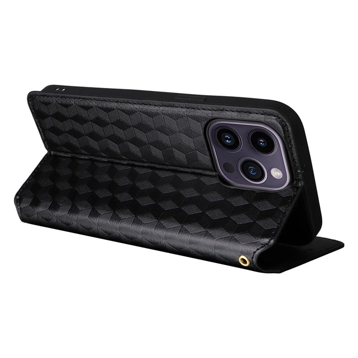 Full Protection Phone Shell for iPhone 15 PU Leather Rhombus Imprinted Wallet Stand Cover - Black - 4