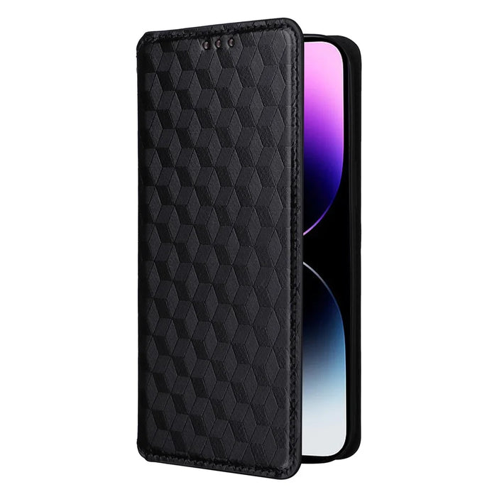 Full Protection Phone Shell for iPhone 15 PU Leather Rhombus Imprinted Wallet Stand Cover - Black - 5