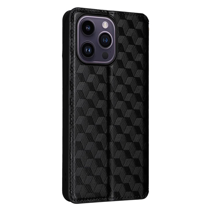 Full Protection Phone Shell for iPhone 15 PU Leather Rhombus Imprinted Wallet Stand Cover - Black - 6