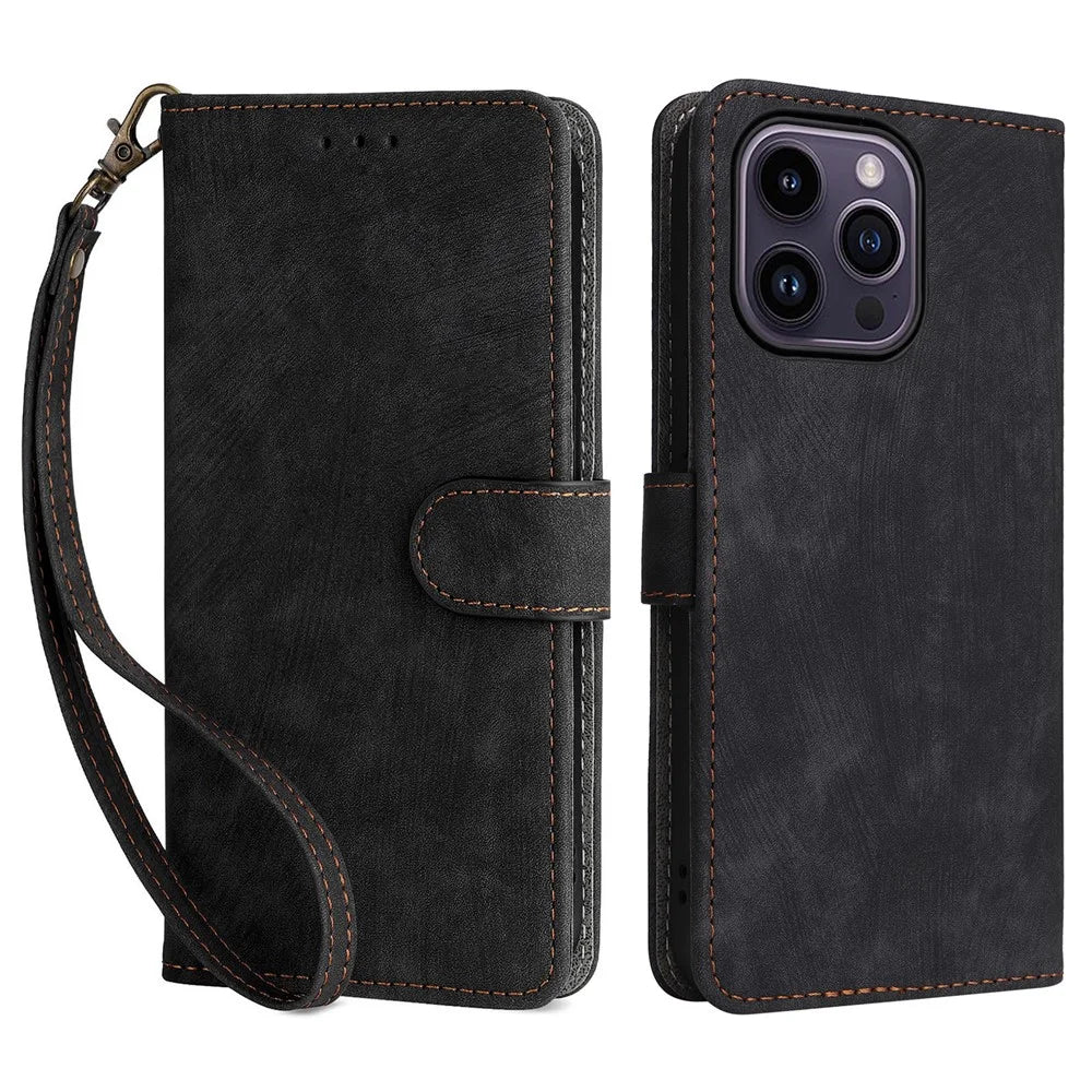 PU Leather Phone Shell for iPhone 15 Plus , Wallet Phone Case RFID Blocking Stand Cover with Strap - Black - 1