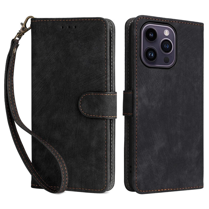 PU Leather Phone Shell for iPhone 15 Plus , Wallet Phone Case RFID Blocking Stand Cover with Strap - Black - 1
