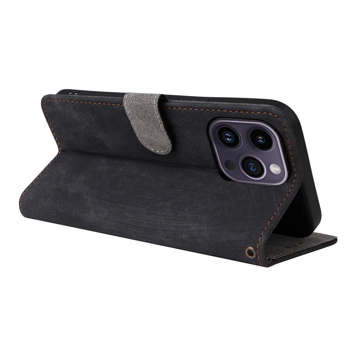 PU Leather Phone Shell for iPhone 15 Plus , Wallet Phone Case RFID Blocking Stand Cover with Strap - Black - 4