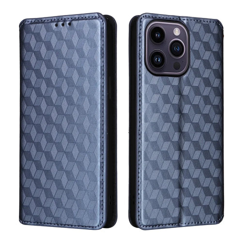 For iPhone 15 Plus Rhombus Imprinted Phone Case Anti-drop PU Leather Wallet Stand Cover - Blue - 1