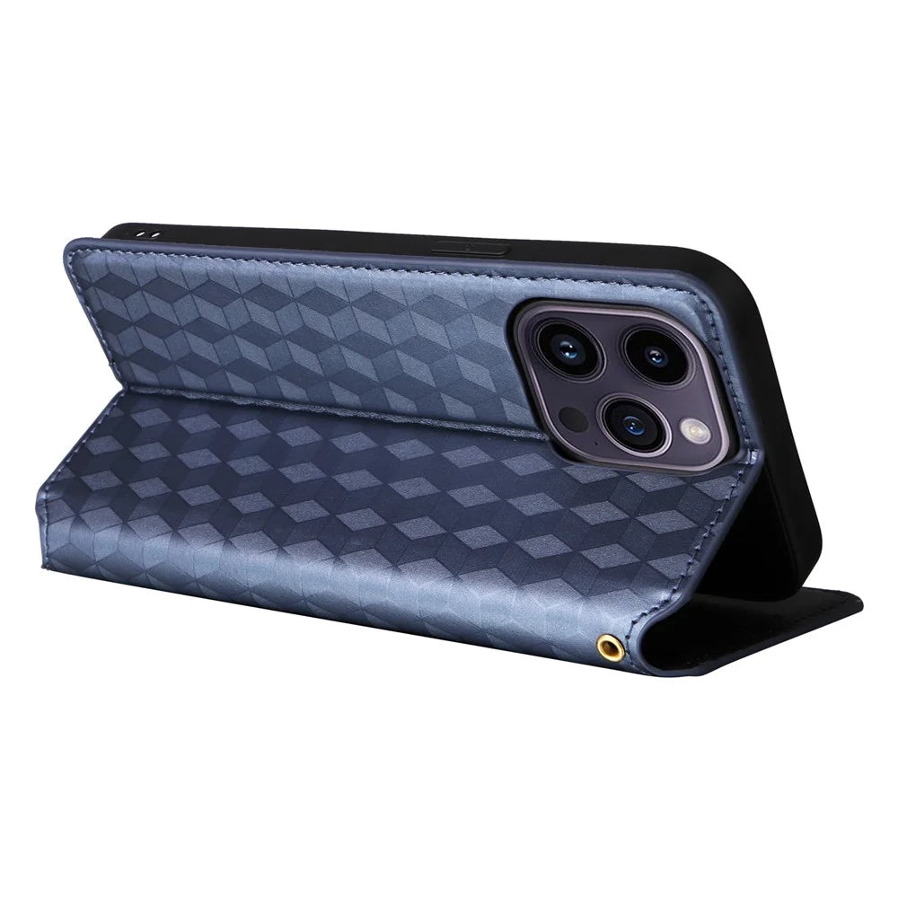 For iPhone 15 Plus Rhombus Imprinted Phone Case Anti-drop PU Leather Wallet Stand Cover - Blue - 4