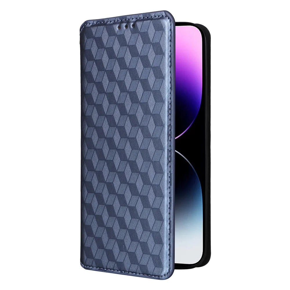 For iPhone 15 Plus Rhombus Imprinted Phone Case Anti-drop PU Leather Wallet Stand Cover - Blue - 5